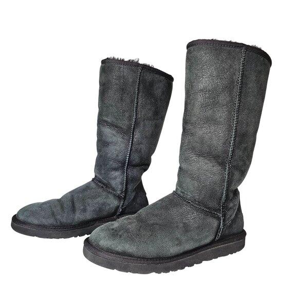 UGG Australia Classic Tall Black Suede Sheepskin Boots‎ Faded Womens Size 8 - Picture 7 of 12